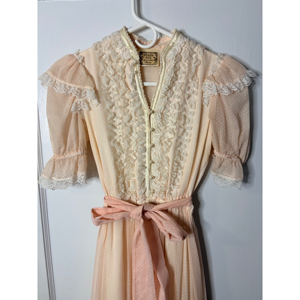 Vintage Gunne Sax Jessica McClintock Peach Lace Point D'Esprit Maxi Dress